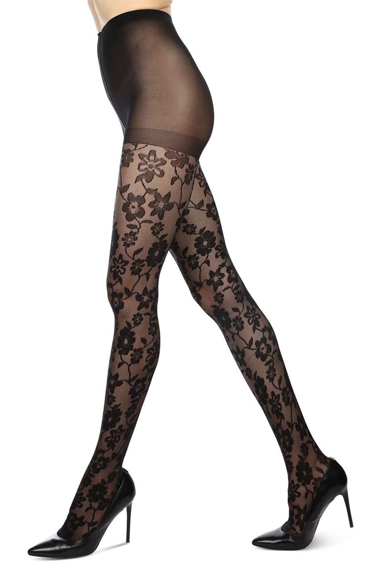 Floral Sheer Tights, Alternate, color, BLACK