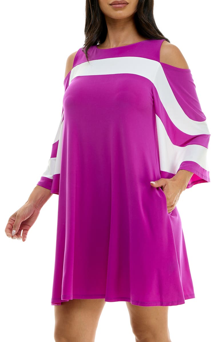 Nina Leonard Ity Stripe Cold Shoulder Dress, Alternate, color, Vibrant Violet/Ivory