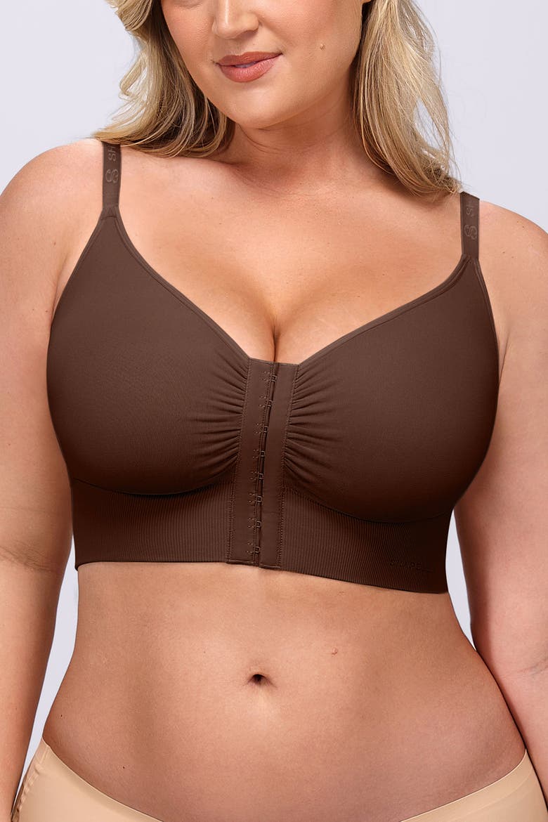 Back Smoothing Wireless Front Closure Bra, Main, color, Brown