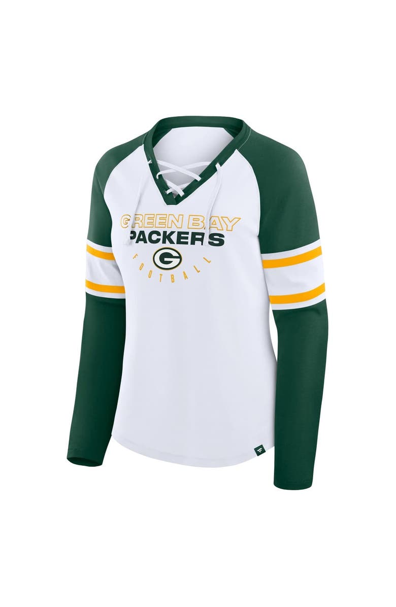 FANATICS Women's Fanatics White/Green Green Bay Packers Redzone Blitz Package Raglan Lace-Up V-Neck Long Sleeve T-Shirt, Alternate, color, White