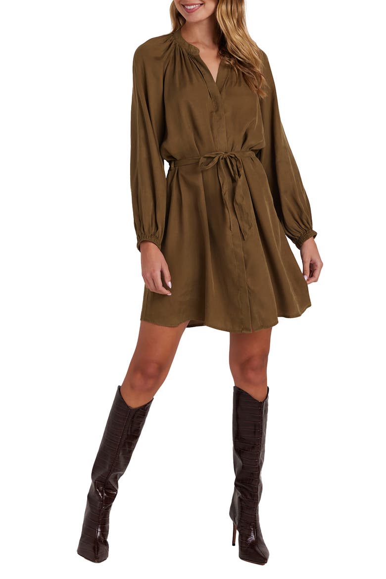 Long Sleeve Belted Satin Shirtdress, Main, color, BASIL GREEN