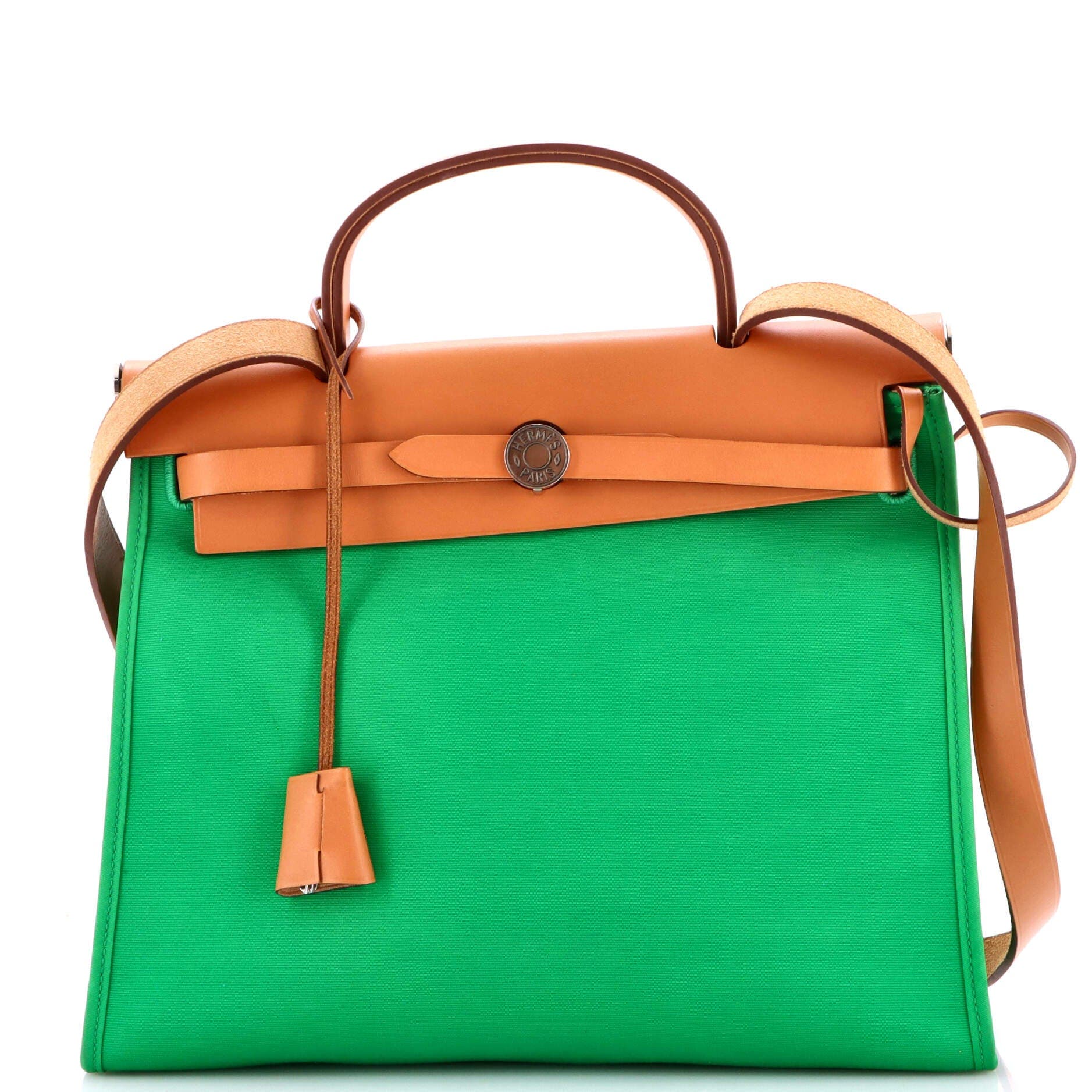 Pre-Owned Hermes Herbag Zip Leather and Toile 31, Main, color, Green