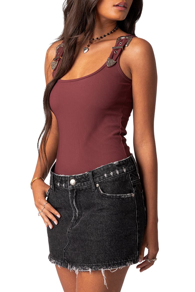 Laney Rib Buckle Strap Bodysuit, Alternate, color, BORDU