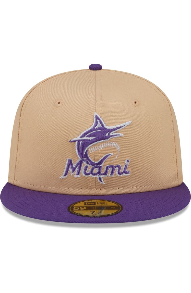 New Era Men's New Era Peach/Purple Miami Marlins 2003 World Series Side Patch 59FIFTY Fitted Hat, Alternate, color,