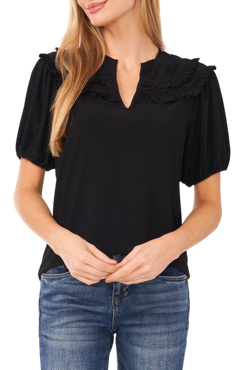 CeCe Ruffle Detail Split Neck Stretch Crepe Top, Main, color, 