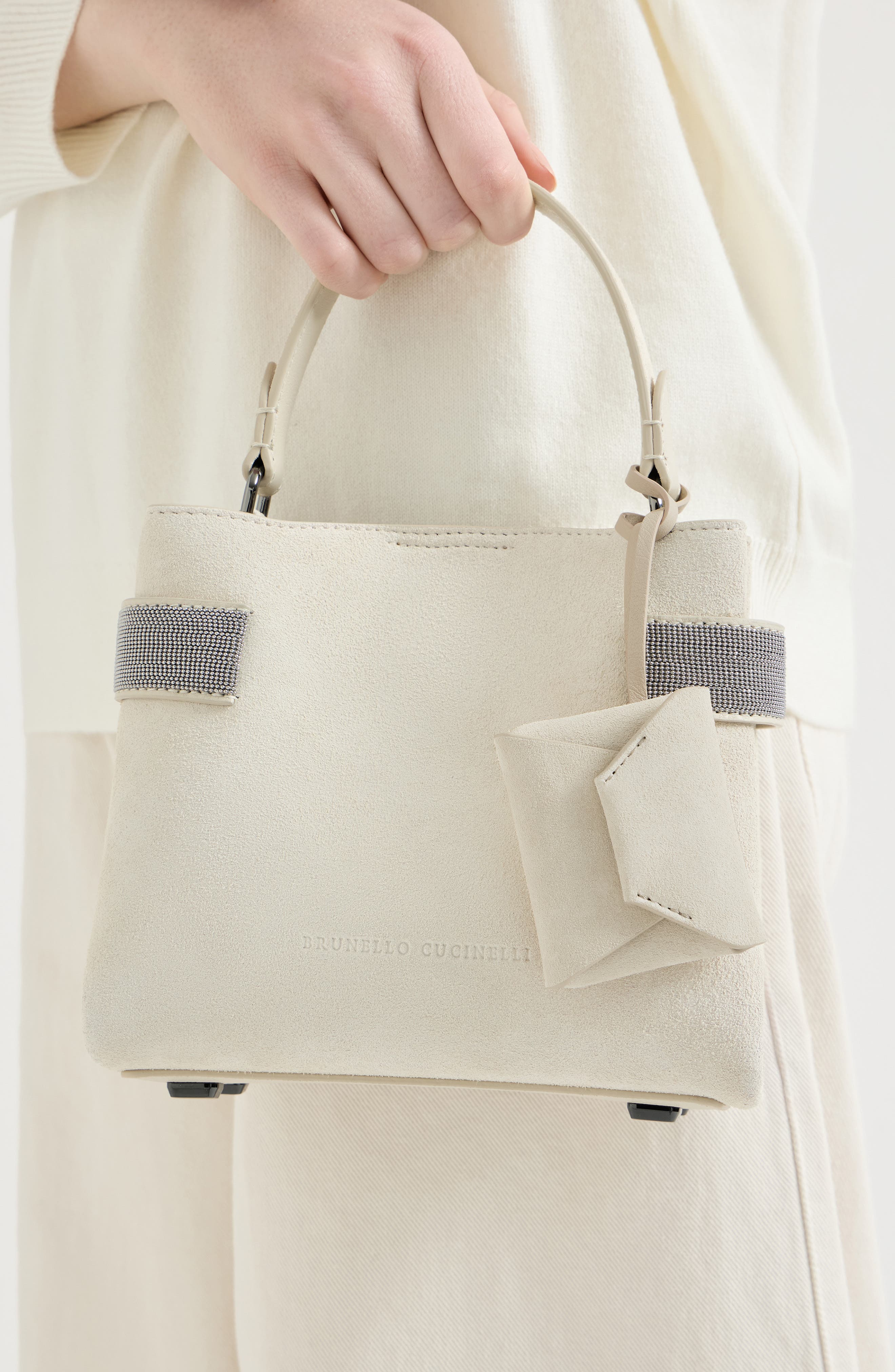 Brunello Cucinelli Suede bag charm, Alternate, color, Ivory