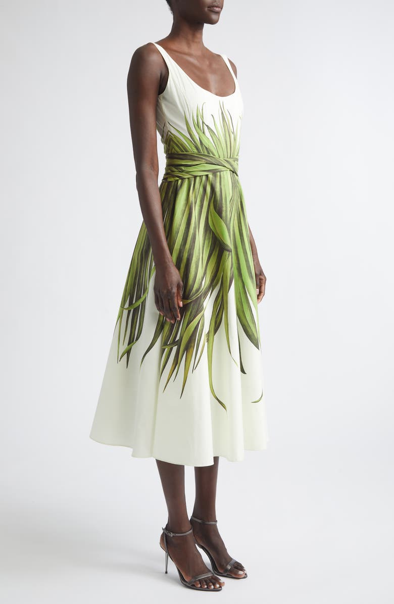 Oscar de la Renta Palm Leaves Print Cotton Stretch Poplin Midi Dress, Alternate, color, Green/ Ecru