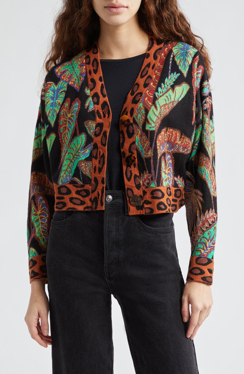 FARM Rio Cool Foliage Jacquard Crop Cardigan, Main, color, 