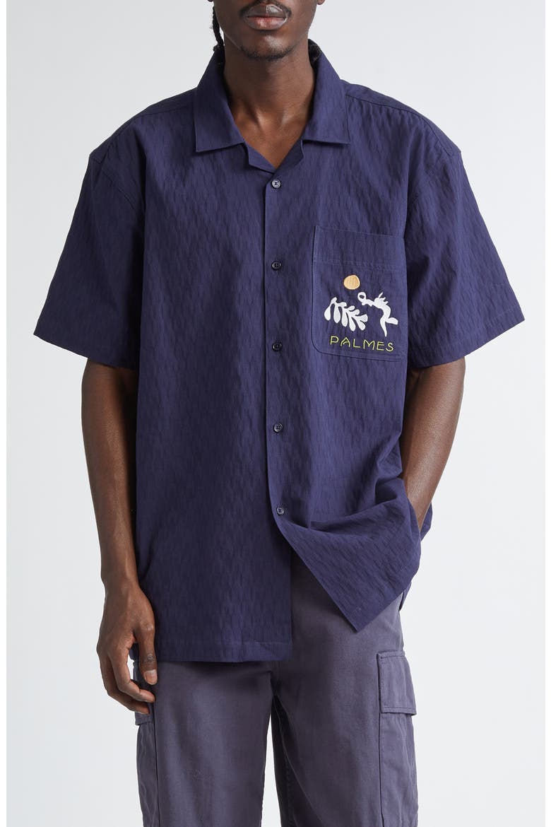 Garden Embroidered Cotton Camp Shirt, Main, color, DARK BLUE