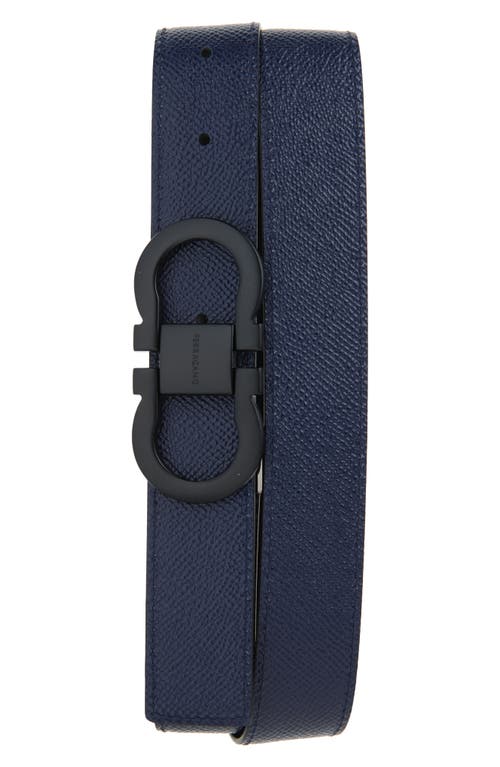 Ferragamo Double Gancio Leather Reversible Belt In Nero Midnight