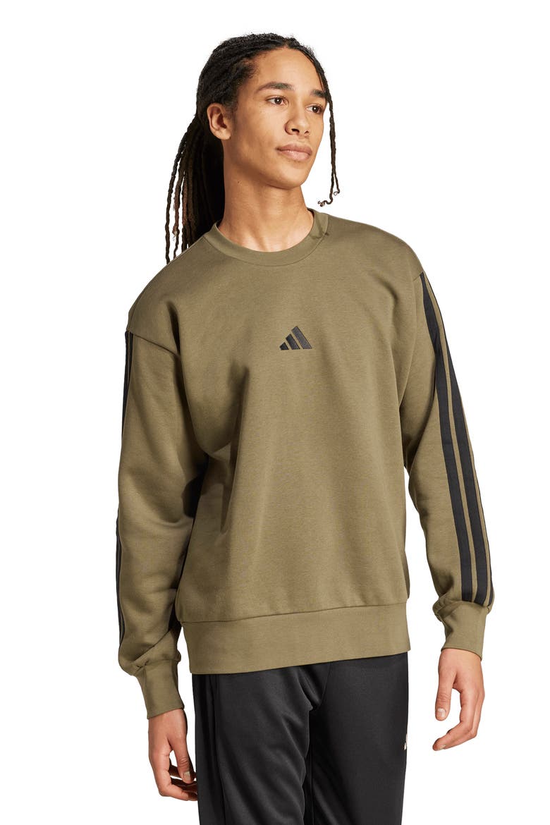 Essentials 3-Stripes Sweatshirt, Alternate, color, OLIVE STRATA/ BLACK