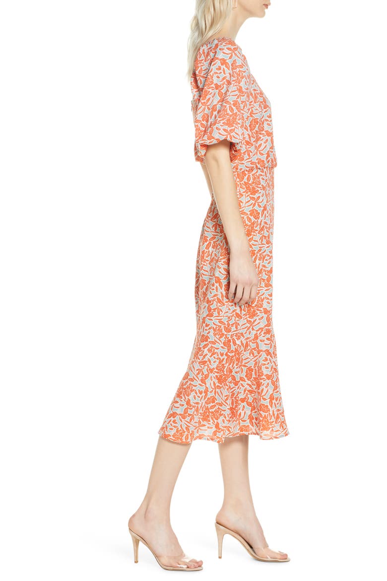 Floral Print Blouson Midi Dress, Alternate, color, ORANGE- BLUE FLORAL PRINT