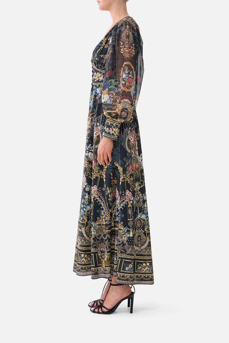 Shaped Waistband Dress With Gathered Sleeves, Alternate, color, Night Garden