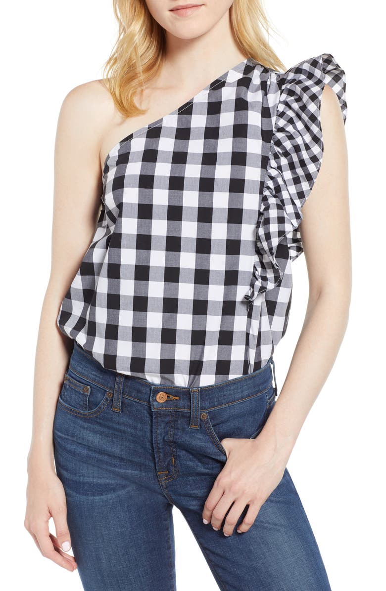 J.Crew Maybe One-Shoulder Mix Gingham Top, Main, color, 