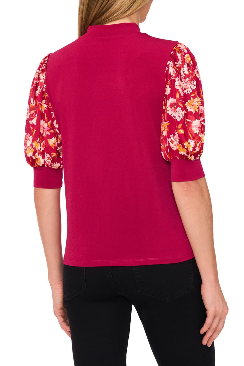 Floral Puff Sleeve Mock Neck Top, Alternate, color, DEEP SANGRIA
