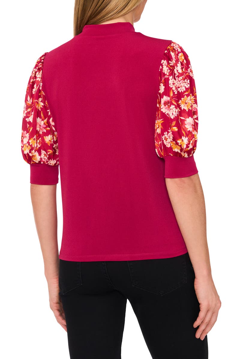 CeCe Floral Puff Sleeve Mock Neck Top, Alternate, color, Deep Sangria