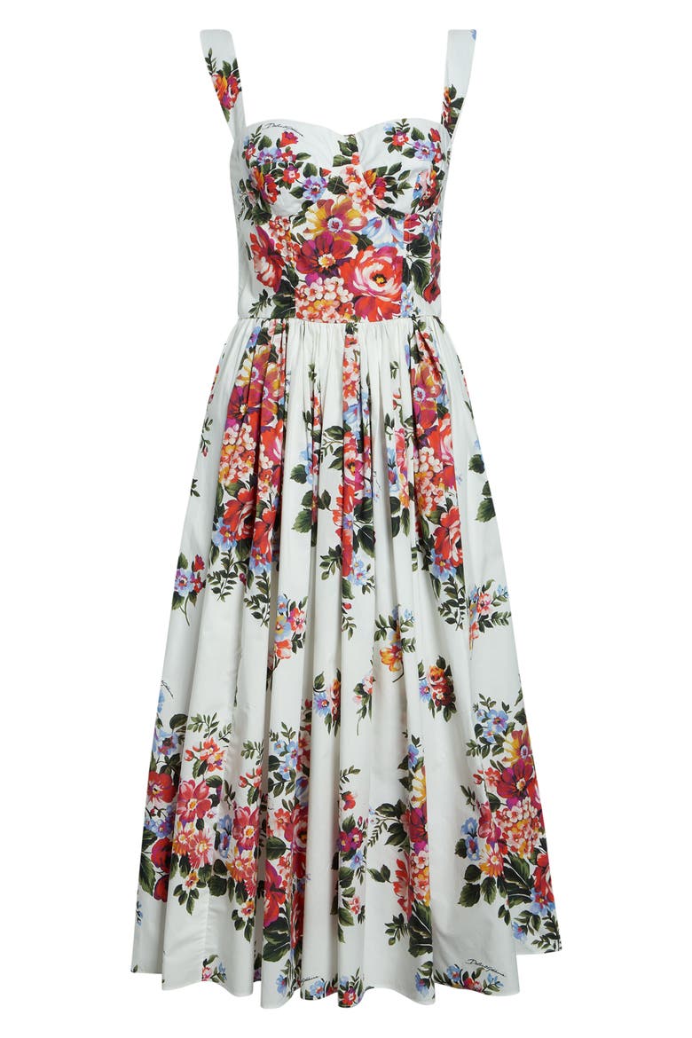 Floral Bouquet Print Pleated Poplin Fit & Flare Dress, Alternate, color, MAZZ.FIORI F.BIANCO
