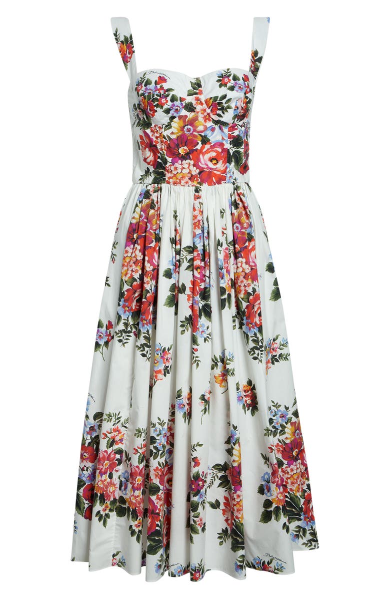 Dolce&Gabbana Floral Bouquet Print Pleated Poplin Fit & Flare Dress, Alternate, color, Mazz.fiori F.bianco