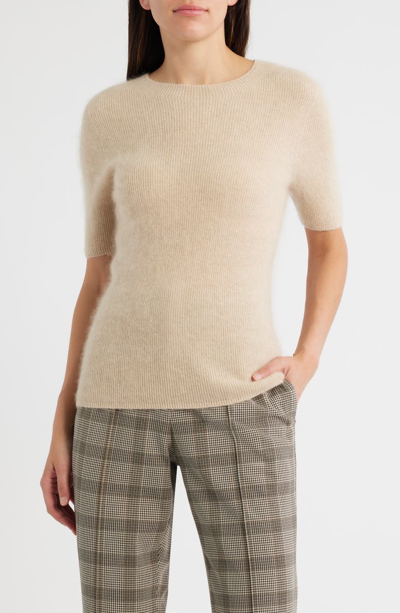 Elie Tahari The Yelena Short Sleeve Cashmere Sweater, Main, color, Spun Beige