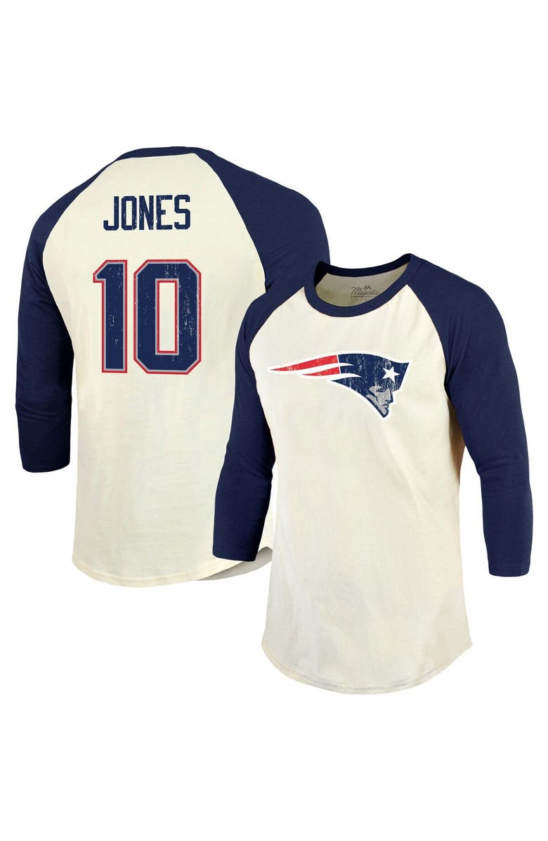 Majestic Threads Men's Majestic Threads Mac Jones Cream/Navy New England Patriots Player Name & Number Raglan 3/4-Sleeve T-Shirt, Main, color, 