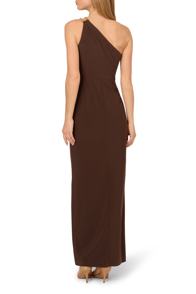One-Shoulder Chain Strap Jersey Column Gown, Alternate, color, CHOCOLATE