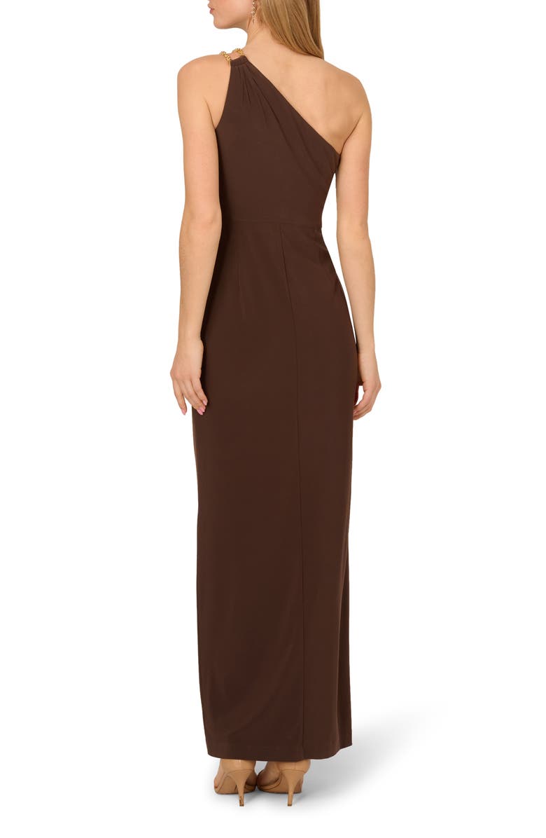 Adrianna Papell One-Shoulder Chain Strap Jersey Column Gown, Alternate, color, Chocolate