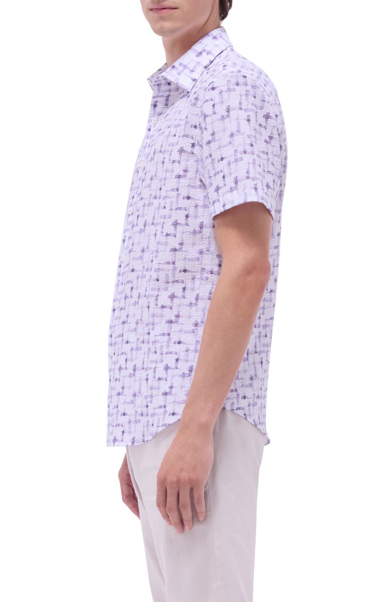 Bugatchi Orson Geo Print Short Sleeve Cotton Seersucker Button-Up Shirt, Alternate, color, Lilac