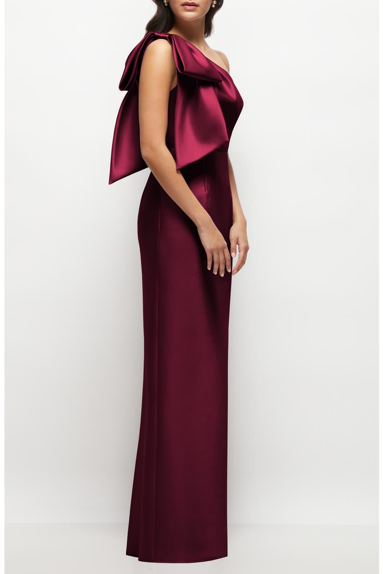 Bow Detail One-Shoulder Satin Twill Column Gown, Alternate, color, CABERNET