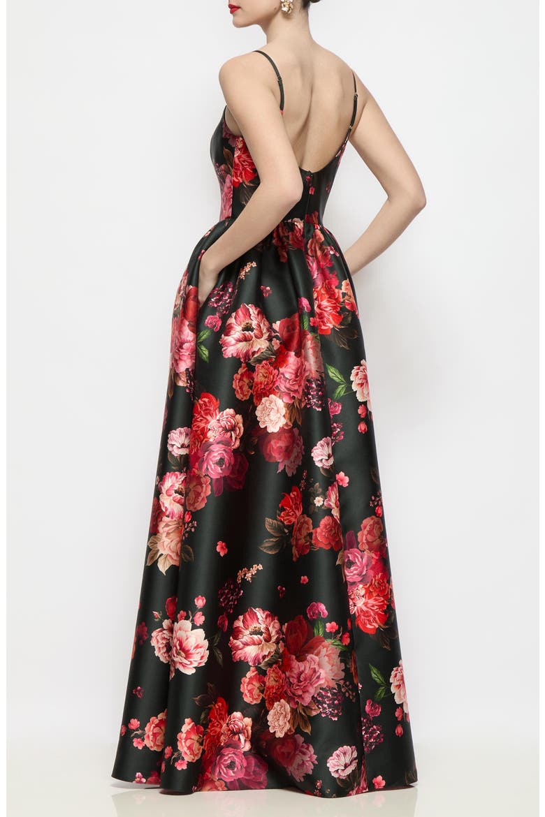 Jillian Floral Satin Twill Gown, Alternate, color, WINE BLACK MULTI