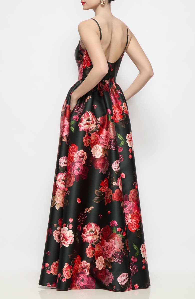 Dessy Collection Jillian Floral Satin Twill Gown, Alternate, color, Wine Black Multi