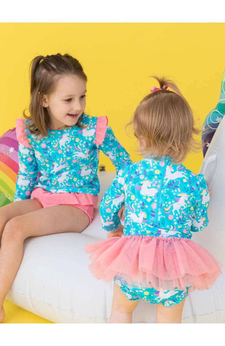 RuffleButts Baby/Toddler Girls UPF50+ Sun Protected Skirted Flutter Long Sleeve Rash Guard Bikini, Alternate, color, Bright Aqua Unicorn Meadow