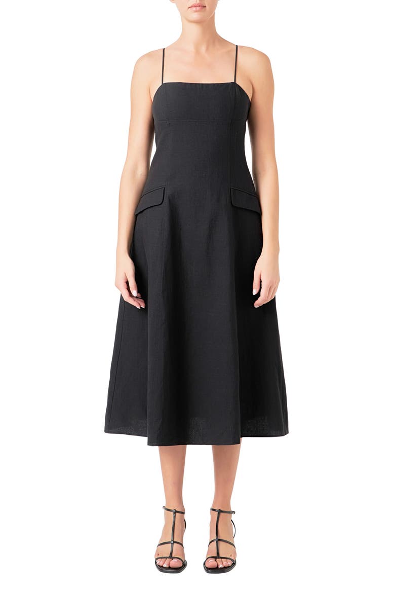 Cotton & Linen Blend Midi Dress, Main, color, BLACK
