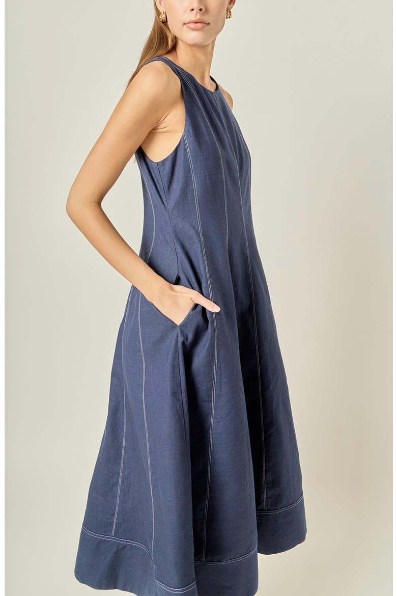 Stitch Detail Linen Midi Dress, Alternate, color, NAVY