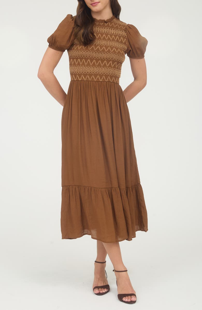 Blu Pepper Smocked Puffed Sleeve Midi Dress, Main, color, Light Brown