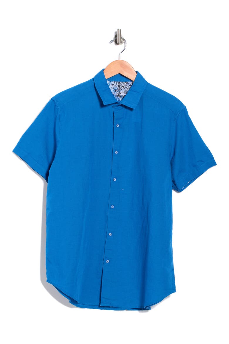 Davis Short Sleeve Linen Blend Button-Up Shirt, Alternate, color, BLUE