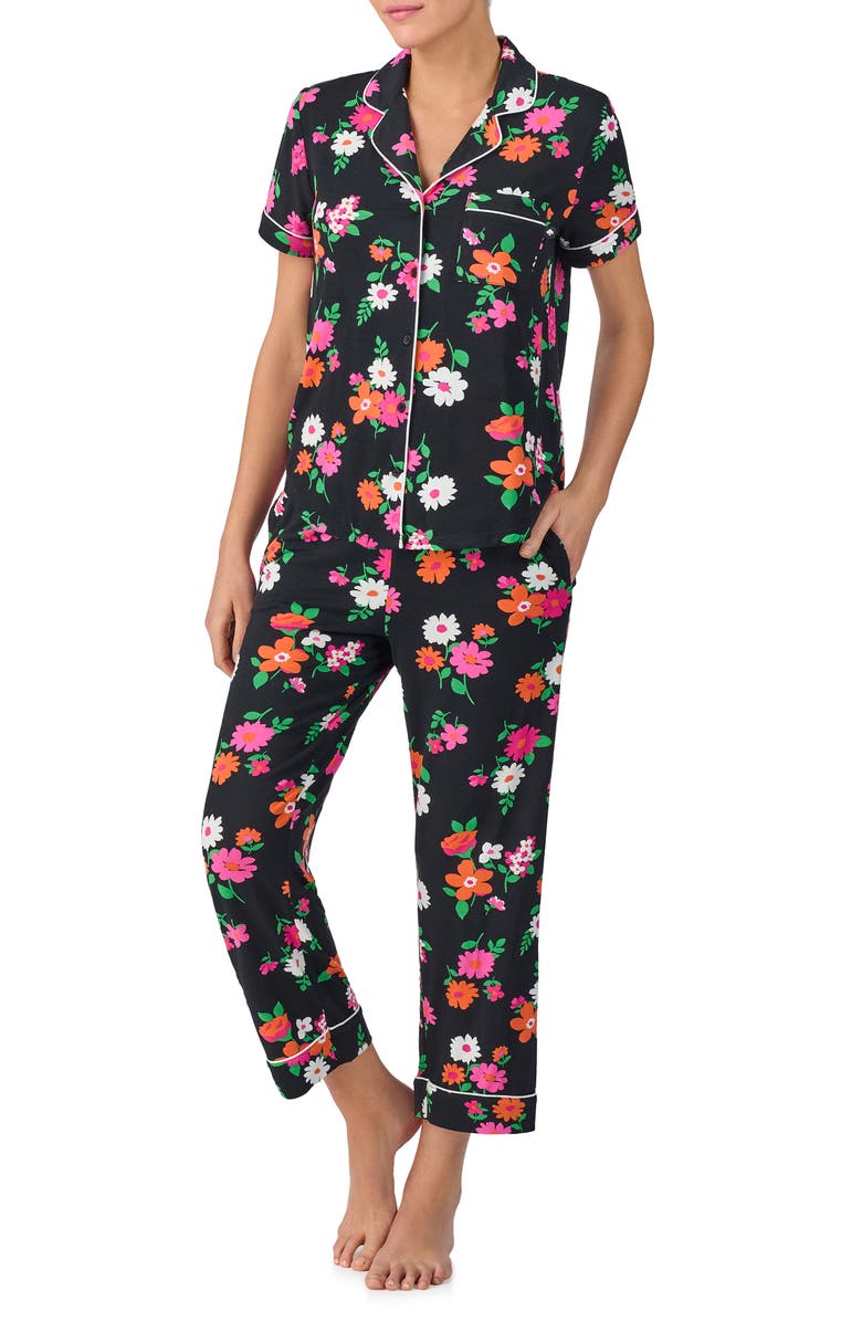 Kate Spade New York print crop pajamas, Main, color, Black Ground Floral