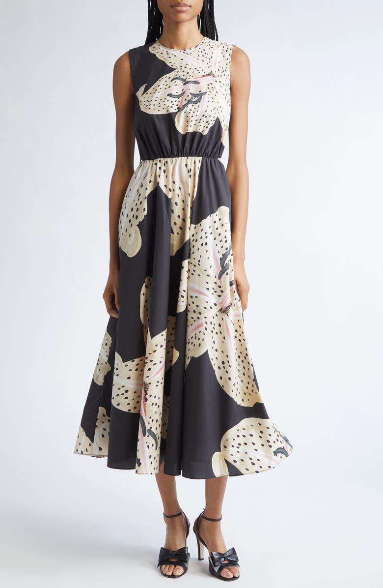 Giambattista Valli Tiger Lily Print Sleeveless A-Line Dress, Main, color, Black/ Ivory