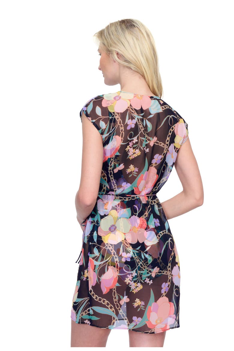 Memories Of Capri Short Surplice Wrap Dress With Tie, Alternate, color, Black Multi