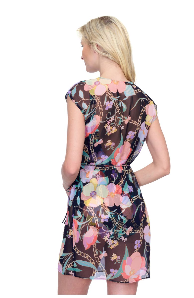 Gottex Memories Of Capri Short Surplice Wrap Dress With Tie, Alternate, color, Black Multi