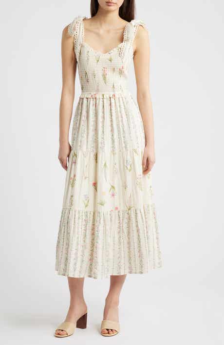 Floral Picot Trim Smocked Bodice Sundress