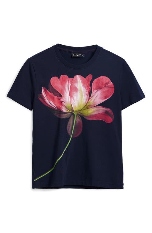 Desigual Fitted Floral Crop T-shirt In Navy Blue