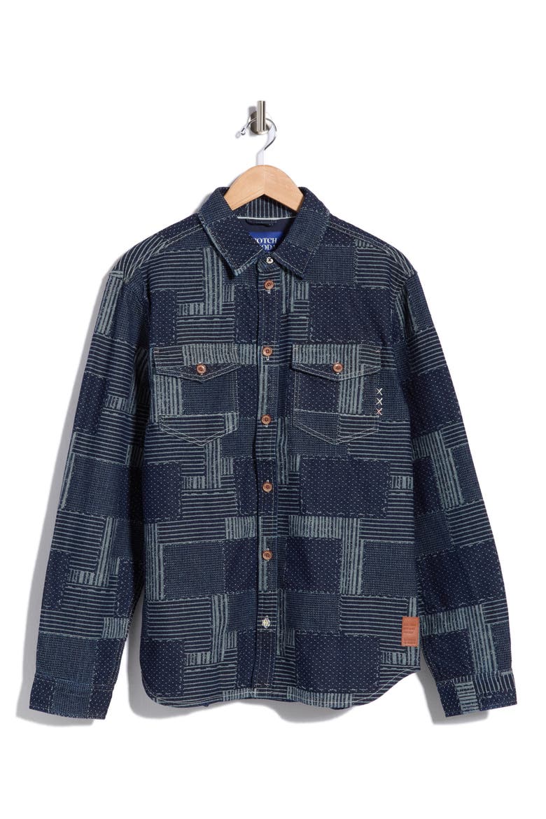 Patchwork Denim Overshirt, Main, color, NAVY