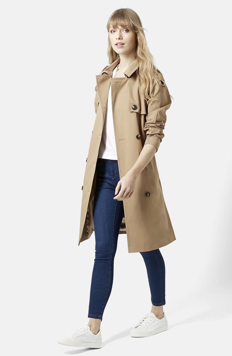 Topshop Double Breasted Cotton Trench, Alternate, color, 