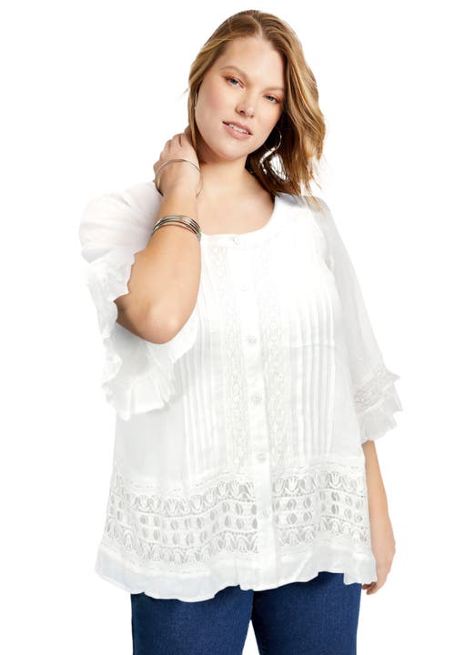 June + Vie Lace-trimmed Boho Blouse In White
