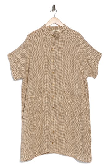 Eileen Fisher Check Organic Linen Button-up Dress In Bronze