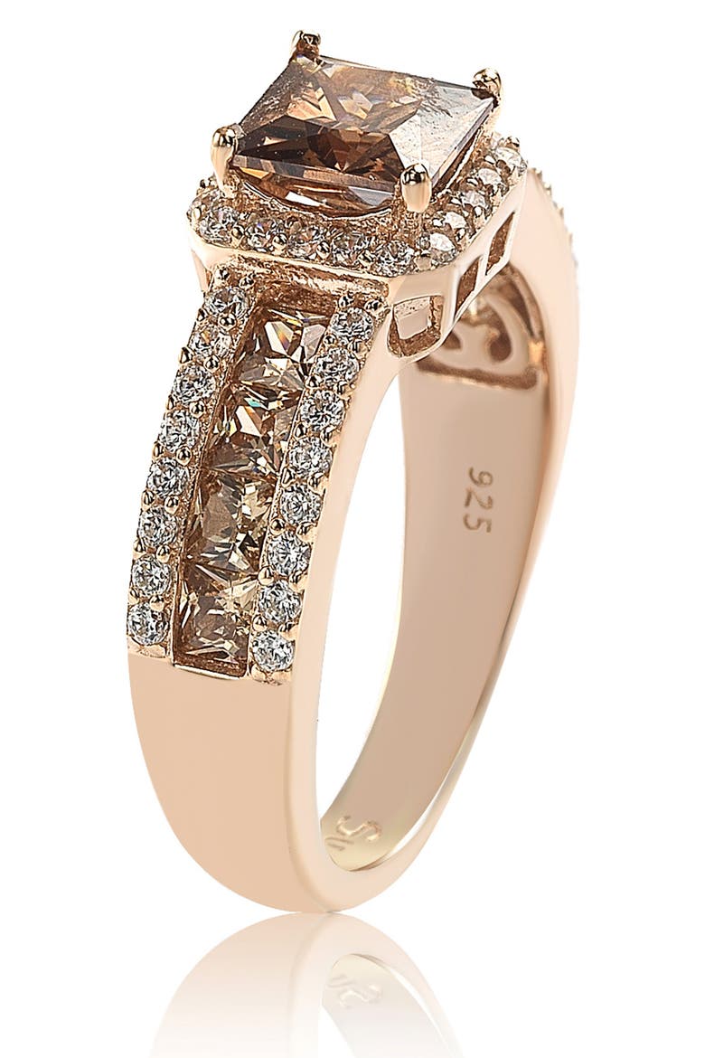 14K Rose Gold Plated Sterling Silver White CZ Halo & Brown Princess-Cut CZ Bridal Ring, Alternate, color, BROWN