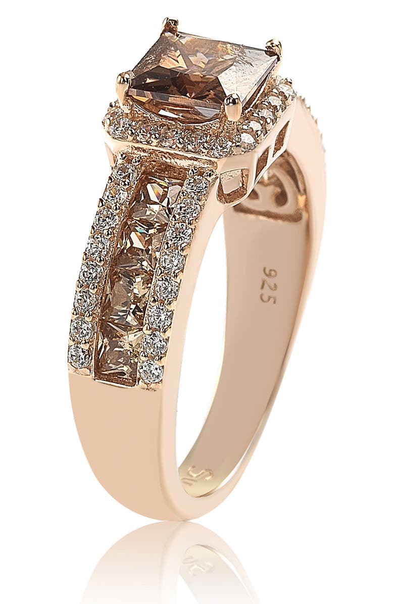 SUZY LEVIAN 14K Rose Gold Plated Sterling Silver White CZ Halo & Brown Princess-Cut CZ Bridal Ring, Alternate, color, Brown
