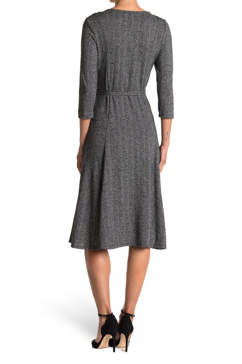 Three-Quarter Sleeve A-Line Metallic Ribbed Midi Dress, Alternate, color, BLACK/SIL