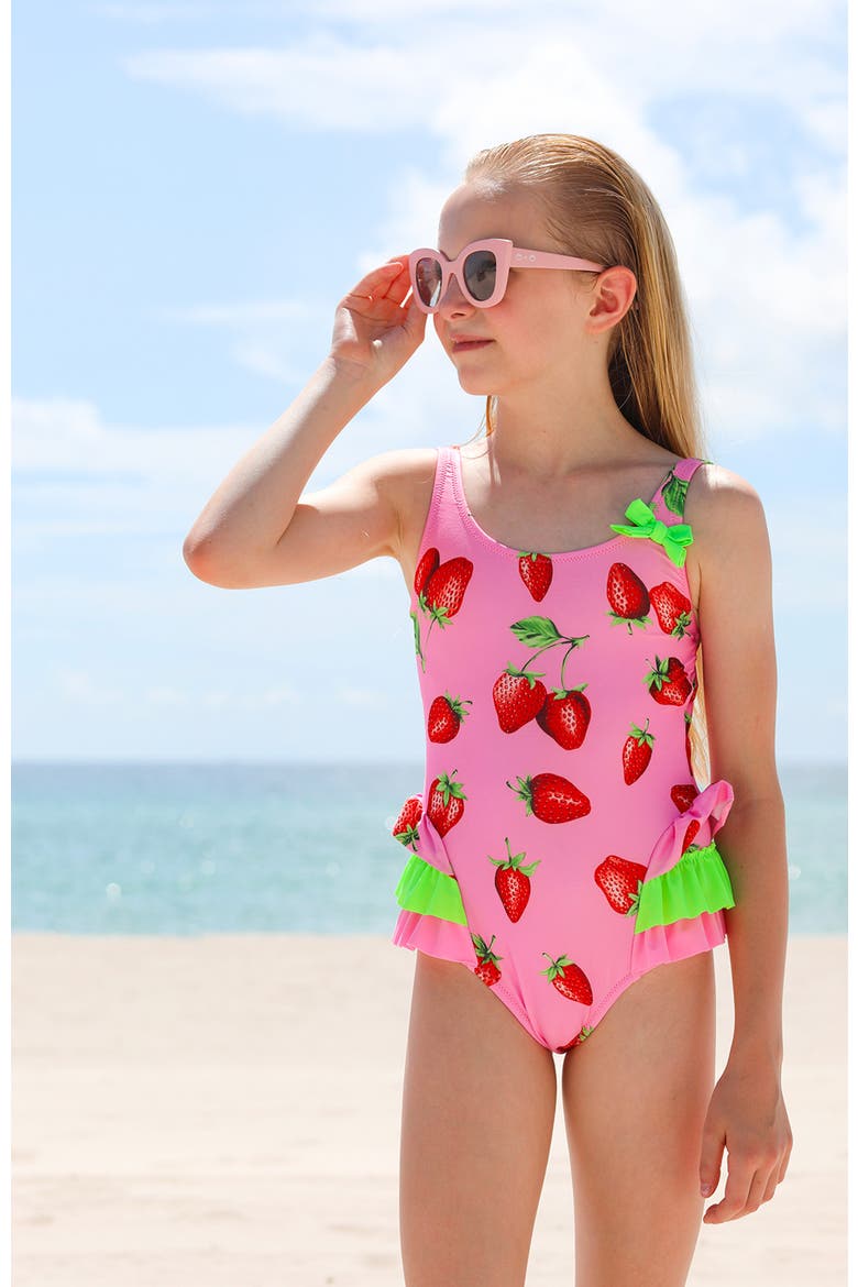 Kids' Strawberry Print Ruffle One-Piece Swimsuit, Alternate, color, Pink