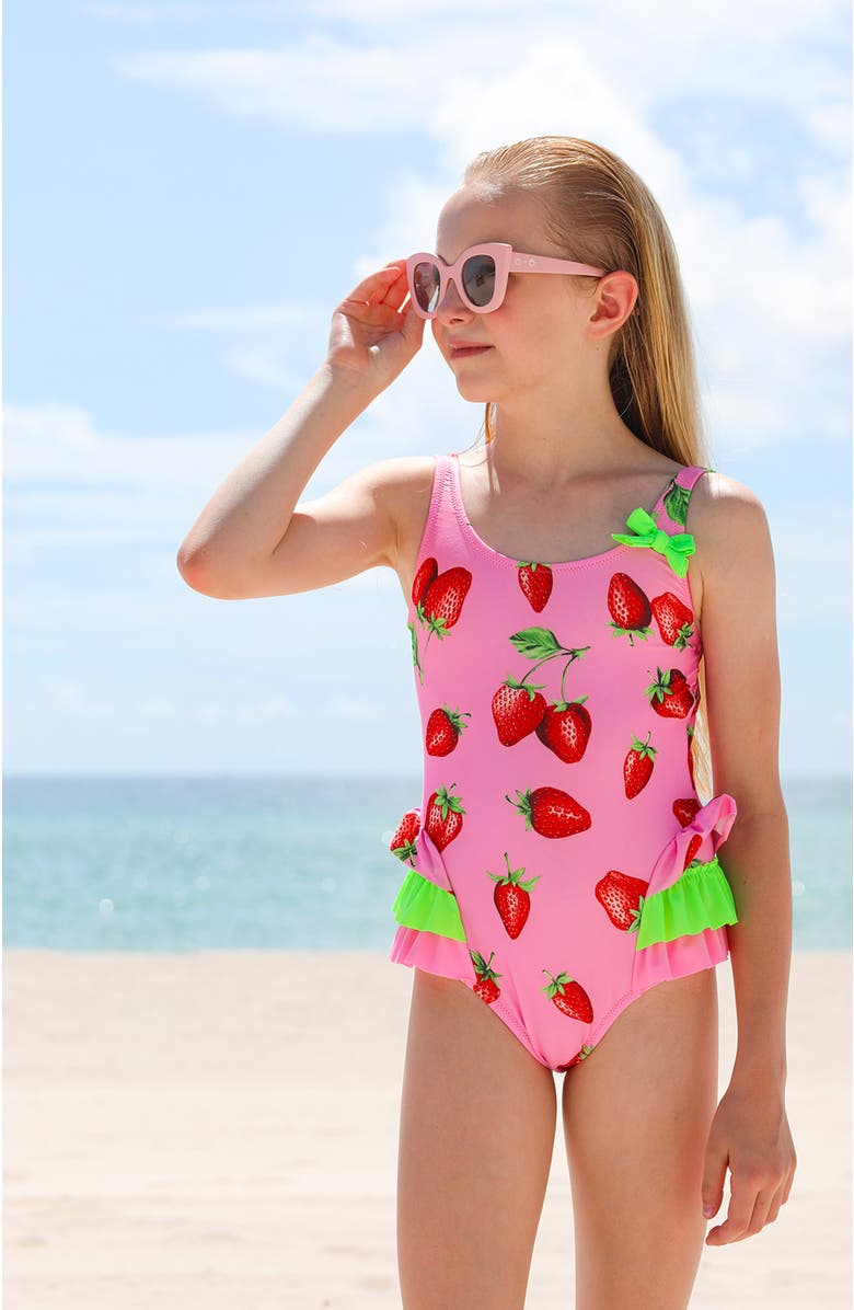 NESSI BYRD Kids' Strawberry Print Ruffle One-Piece Swimsuit, Alternate, color, Pink
